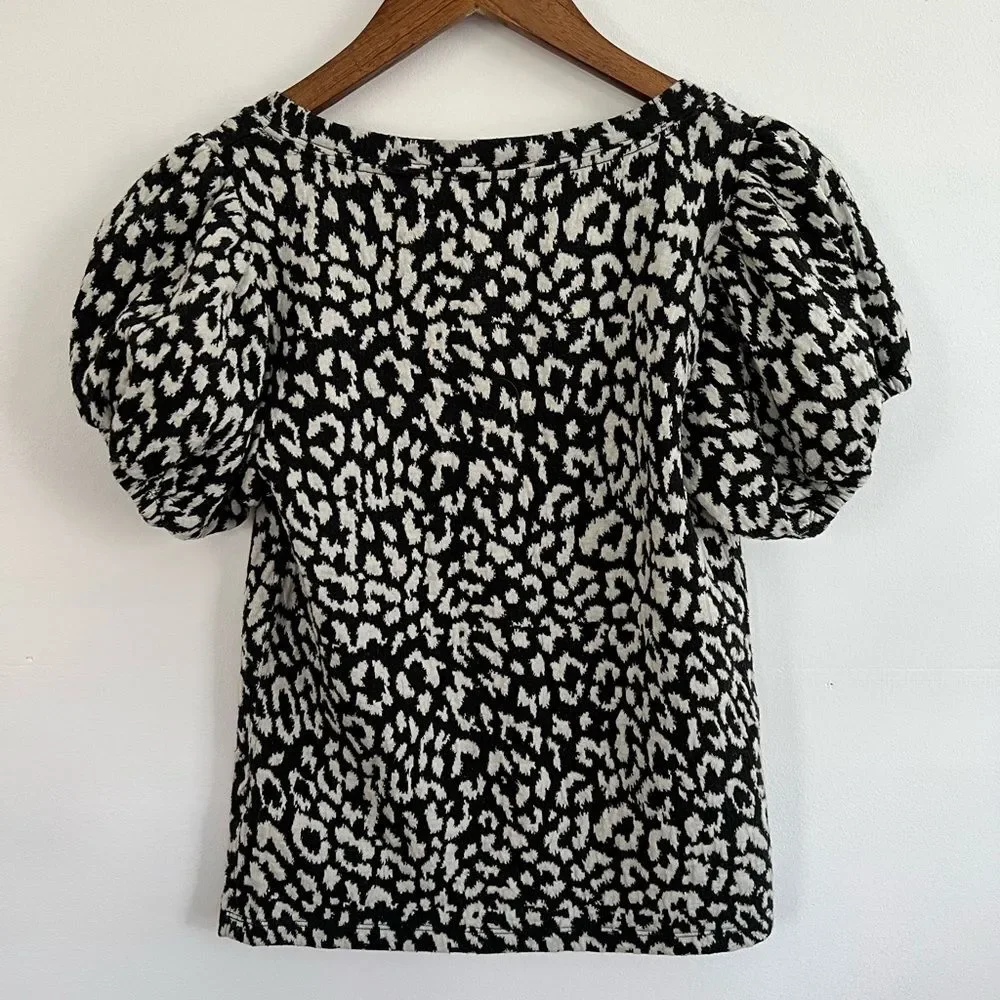 Free People No Type Leopard Print Square Neck Puff Sleeve Top Women's Small
